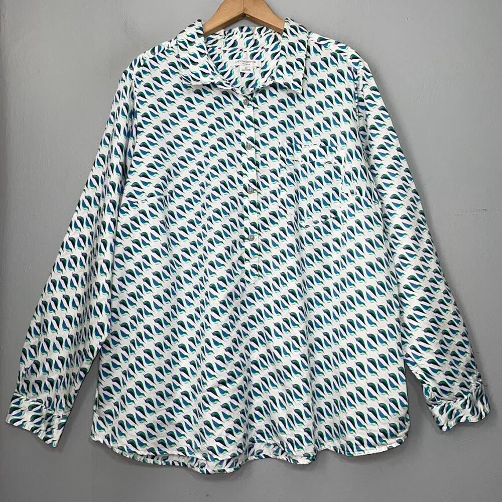 Liz Claiborne Woman Plus Size 2X White Cotton Popover Novelty Bird Print Shirt